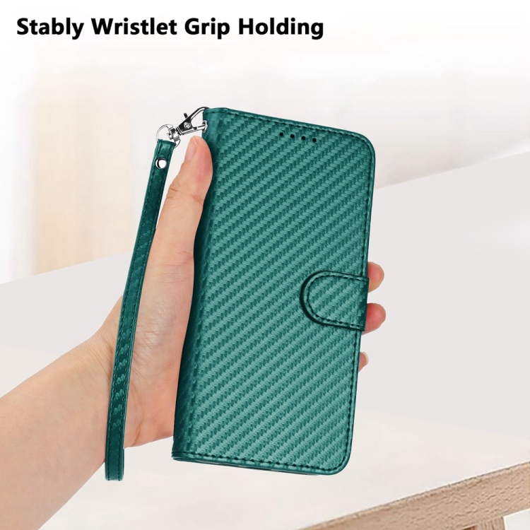 For iPhone 16 Plus YX0070 Carbon Fiber Buckle Leather Phone Case with Lanyard(Dark Green) For iPhone 16 Plus YX0070 Carbon Fiber Buckle Leather Phone Case with Lanyard(Dark Green)