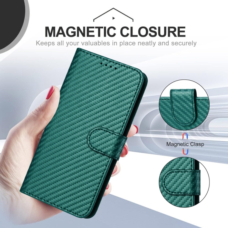 For iPhone 16 Plus YX0070 Carbon Fiber Buckle Leather Phone Case with Lanyard(Dark Green) For iPhone 16 Plus YX0070 Carbon Fiber Buckle Leather Phone Case with Lanyard(Dark Green)