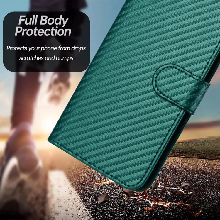 For iPhone 16 Plus YX0070 Carbon Fiber Buckle Leather Phone Case with Lanyard(Dark Green) For iPhone 16 Plus YX0070 Carbon Fiber Buckle Leather Phone Case with Lanyard(Dark Green)