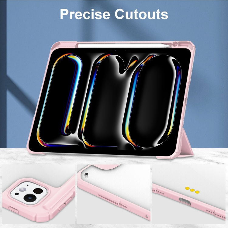 For iPad Pro 11 2024 Pure Color 3-fold Clear TPU Smart Leather Tablet Case(Pink)