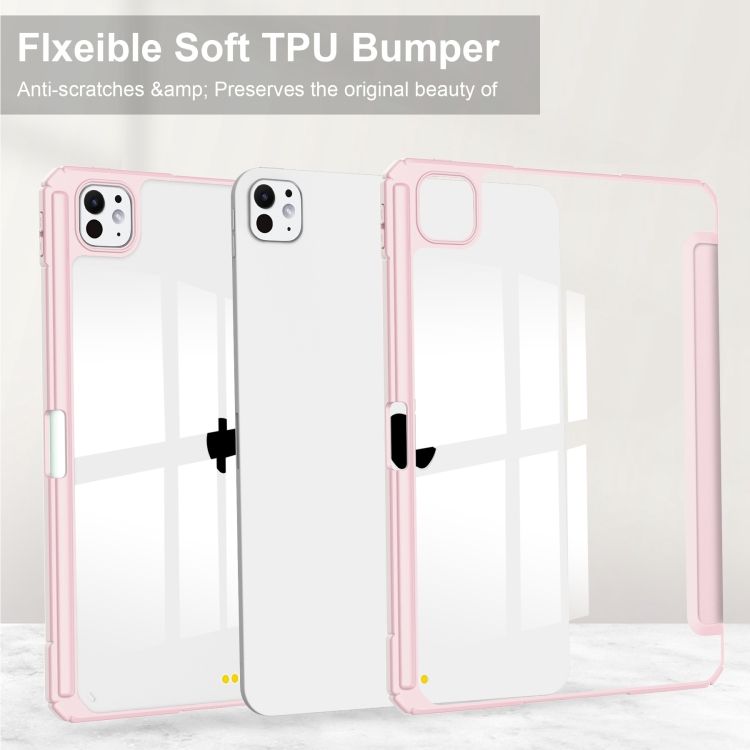 For iPad Pro 11 2024 Pure Color 3-fold Clear TPU Smart Leather Tablet Case(Pink)