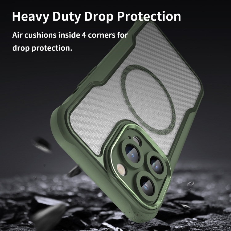 For iPhone 12 Pro Max Carbon Fiber Texture MagSafe Translucent Phone Case(Green)