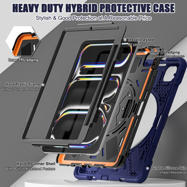 For iPad Pro 11 2024 Rotatable Holder Silicone Hybrid PC Tablet Case with Shoulder Strap(Navy Blue) For iPad Pro 11 2024 Rotatable Holder Silicone Hybrid PC Tablet Case with Shoulder Strap(Navy Blue)