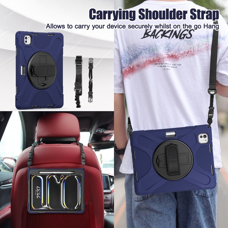 For iPad Pro 11 2024 Rotatable Holder Silicone Hybrid PC Tablet Case with Shoulder Strap(Navy Blue) For iPad Pro 11 2024 Rotatable Holder Silicone Hybrid PC Tablet Case with Shoulder Strap(Navy Blue)