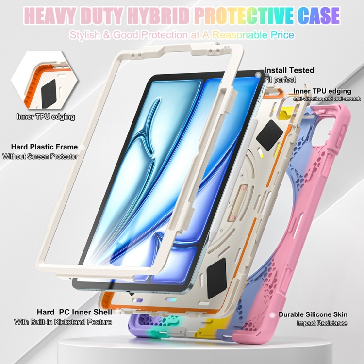 For iPad Air 13 2024 Rotatable Holder Silicone Hybrid PC Tablet Case with Shoulder Strap(Colorful Pink) For iPad Air 13 2024 Rotatable Holder Silicone Hybrid PC Tablet Case with Shoulder Strap(Colorful Pink)