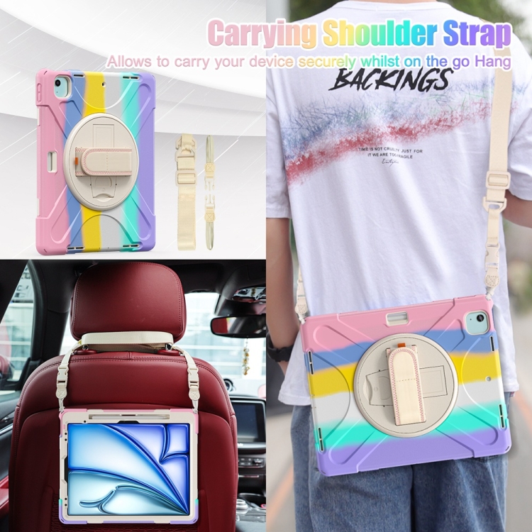 For iPad Air 13 2024 Rotatable Holder Silicone Hybrid PC Tablet Case with Shoulder Strap(Colorful Pink) For iPad Air 13 2024 Rotatable Holder Silicone Hybrid PC Tablet Case with Shoulder Strap(Colorful Pink)