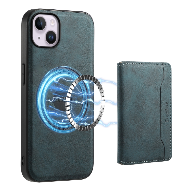 For iPhone 14 Plus Denior D13 Retro Texture Leather MagSafe Card Bag Phone Case(Blue) For iPhone 14 Plus Denior D13 Retro Texture Leather MagSafe Card Bag Phone Case(Blue)