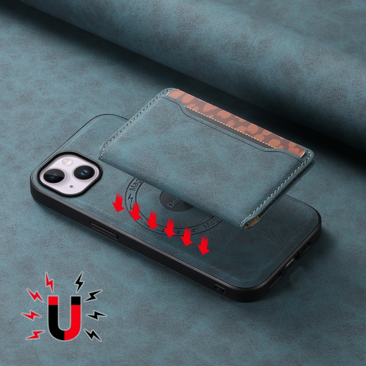 For iPhone 14 Plus Denior D13 Retro Texture Leather MagSafe Card Bag Phone Case(Blue) For iPhone 14 Plus Denior D13 Retro Texture Leather MagSafe Card Bag Phone Case(Blue)