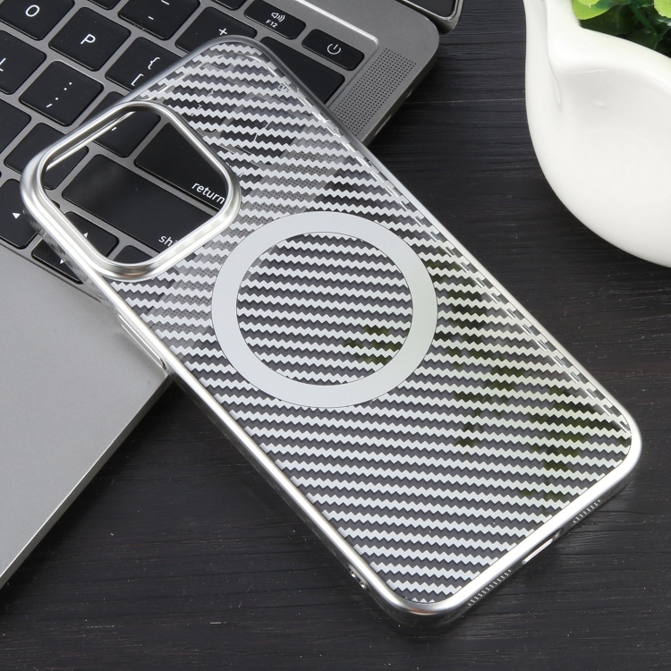 For iPhone 15 6D Plated Carbon Fiber Clear Magsafe PC Phone Case(Starlight Silver) For iPhone 15 6D Plated Carbon Fiber Clear Magsafe PC Phone Case(Starlight Silver)