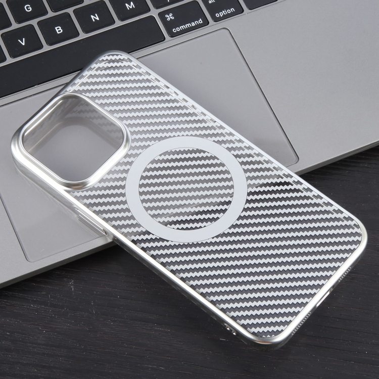 For iPhone 15 6D Plated Carbon Fiber Clear Magsafe PC Phone Case(Starlight Silver) For iPhone 15 6D Plated Carbon Fiber Clear Magsafe PC Phone Case(Starlight Silver)