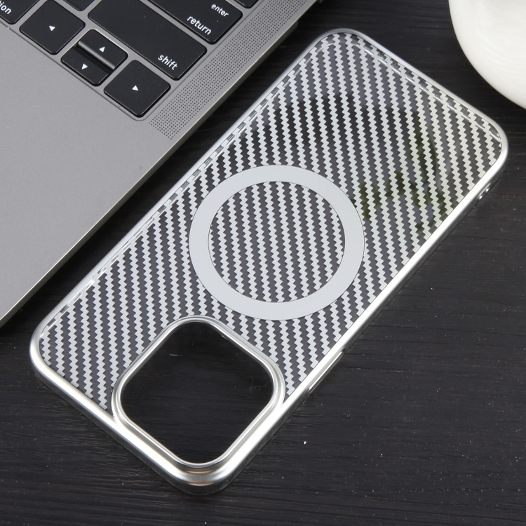 For iPhone 15 6D Plated Carbon Fiber Clear Magsafe PC Phone Case(Starlight Silver) For iPhone 15 6D Plated Carbon Fiber Clear Magsafe PC Phone Case(Starlight Silver)