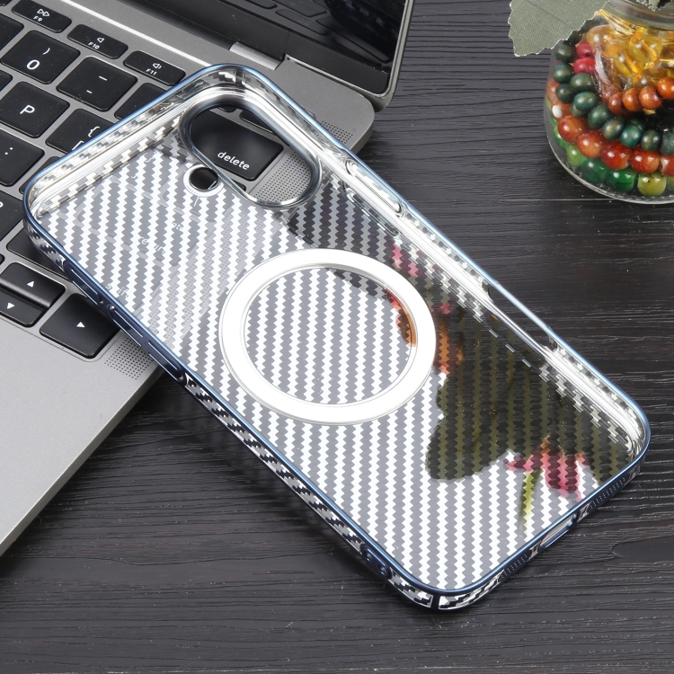 For iPhone 16 6D Plated Carbon Fiber Clear Magsafe PC Phone Case(Dream Blue) For iPhone 16 6D Plated Carbon Fiber Clear Magsafe PC Phone Case(Dream Blue)