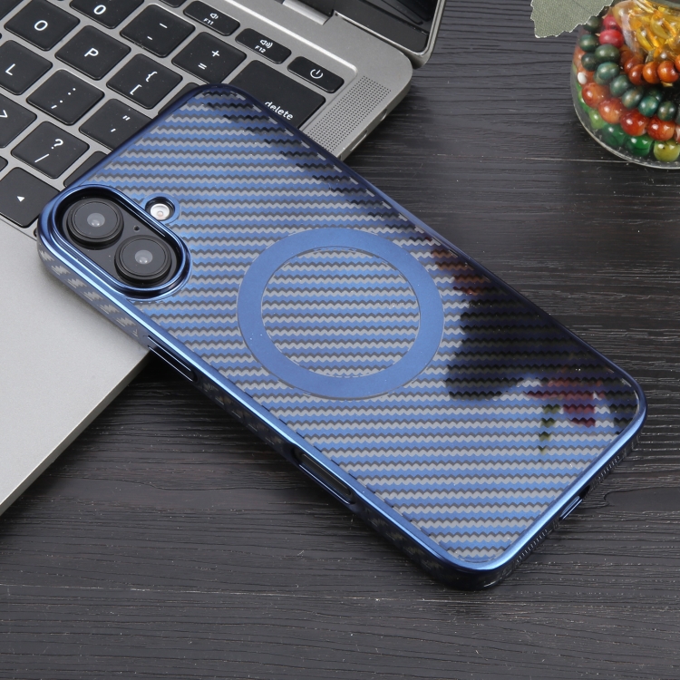 For iPhone 16 6D Plated Carbon Fiber Clear Magsafe PC Phone Case(Dream Blue) For iPhone 16 6D Plated Carbon Fiber Clear Magsafe PC Phone Case(Dream Blue)