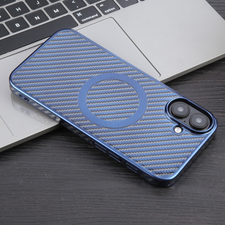 For iPhone 16 6D Plated Carbon Fiber Clear Magsafe PC Phone Case(Dream Blue) For iPhone 16 6D Plated Carbon Fiber Clear Magsafe PC Phone Case(Dream Blue)