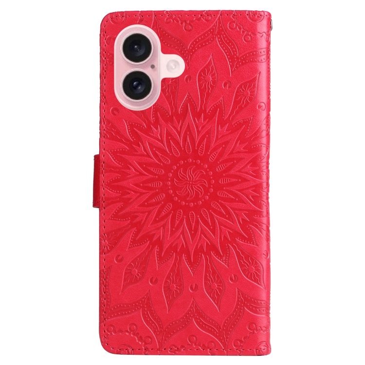 For iPhone 16 Embossed Sunflower Pattern Flip Leather Phone Case(Red) For iPhone 16 Embossed Sunflower Pattern Flip Leather Phone Case(Red)
