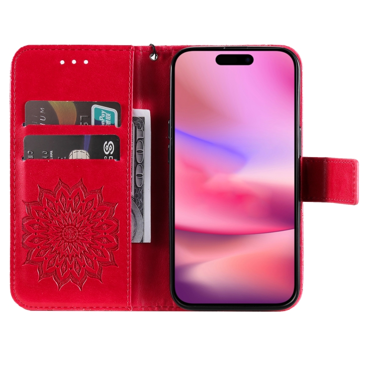 For iPhone 16 Embossed Sunflower Pattern Flip Leather Phone Case(Red) For iPhone 16 Embossed Sunflower Pattern Flip Leather Phone Case(Red)
