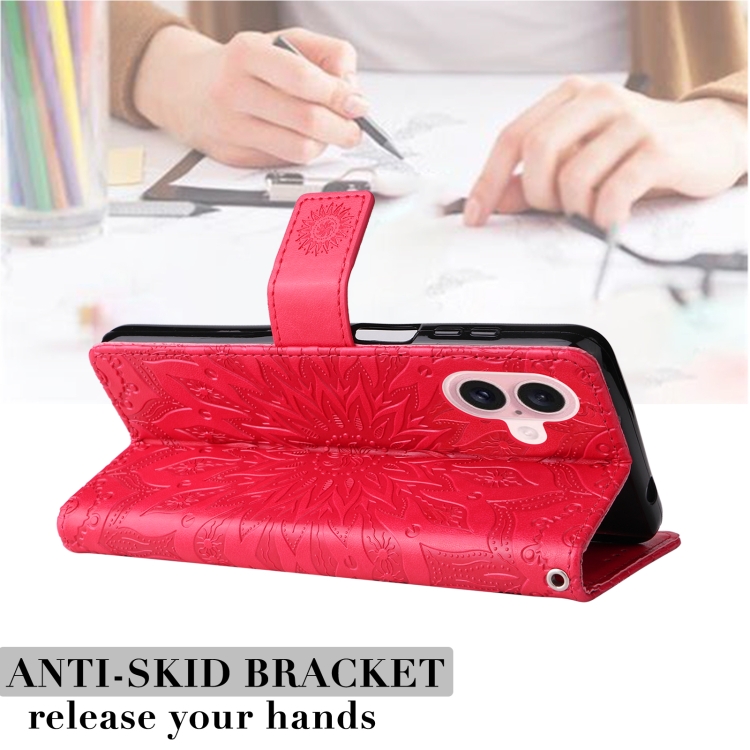 For iPhone 16 Embossed Sunflower Pattern Flip Leather Phone Case(Red) For iPhone 16 Embossed Sunflower Pattern Flip Leather Phone Case(Red)