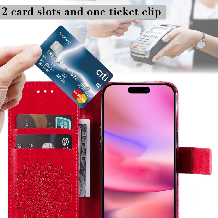For iPhone 16 Embossed Sunflower Pattern Flip Leather Phone Case(Red) For iPhone 16 Embossed Sunflower Pattern Flip Leather Phone Case(Red)