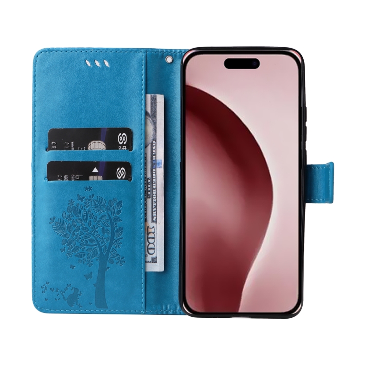 For iPhone 16 Pro Tree & Cat Embossed Pattern Flip Leather Phone Case(Blue) For iPhone 16 Pro Tree & Cat Embossed Pattern Flip Leather Phone Case(Blue)