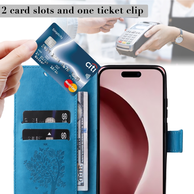 For iPhone 16 Pro Tree & Cat Embossed Pattern Flip Leather Phone Case(Blue) For iPhone 16 Pro Tree & Cat Embossed Pattern Flip Leather Phone Case(Blue)