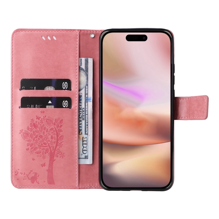 For iPhone 16 Plus Tree & Cat Embossed Pattern Flip Leather Phone Case(Pink) For iPhone 16 Plus Tree & Cat Embossed Pattern Flip Leather Phone Case(Pink)