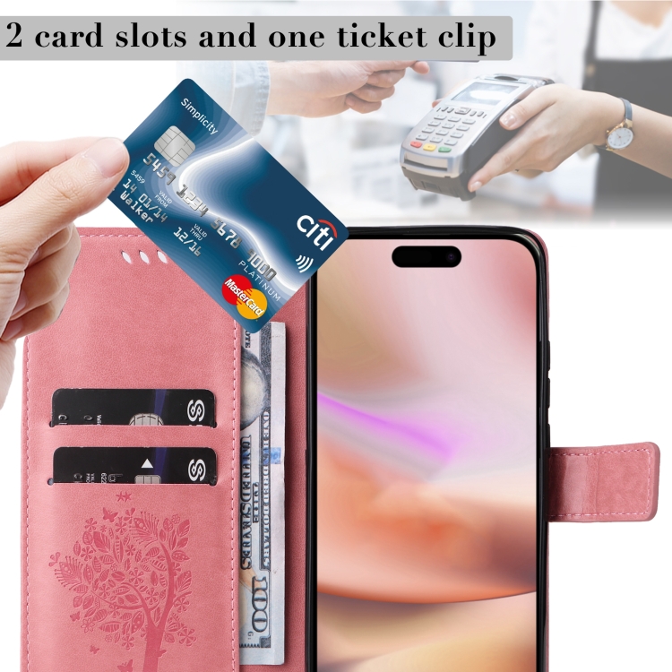 For iPhone 16 Plus Tree & Cat Embossed Pattern Flip Leather Phone Case(Pink) For iPhone 16 Plus Tree & Cat Embossed Pattern Flip Leather Phone Case(Pink)