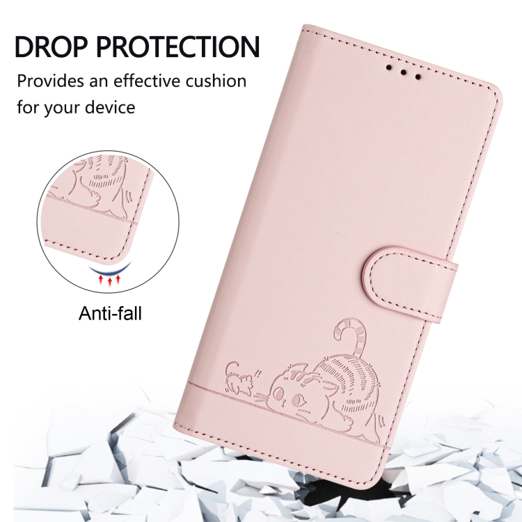 For iPhone 15 Pro Cat Rat Embossed Pattern RFID Leather Phone Case with Lanyard(Pink) For iPhone 15 Pro Cat Rat Embossed Pattern RFID Leather Phone Case with Lanyard(Pink)