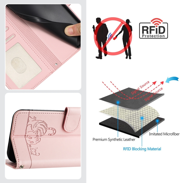 For iPhone 15 Pro Cat Rat Embossed Pattern RFID Leather Phone Case with Lanyard(Pink) For iPhone 15 Pro Cat Rat Embossed Pattern RFID Leather Phone Case with Lanyard(Pink)