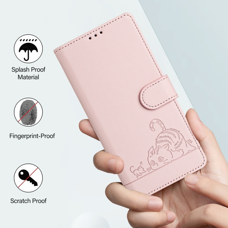 For iPhone 15 Pro Cat Rat Embossed Pattern RFID Leather Phone Case with Lanyard(Pink) For iPhone 15 Pro Cat Rat Embossed Pattern RFID Leather Phone Case with Lanyard(Pink)