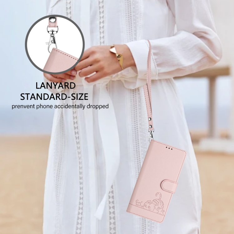 For iPhone 15 Pro Cat Rat Embossed Pattern RFID Leather Phone Case with Lanyard(Pink) For iPhone 15 Pro Cat Rat Embossed Pattern RFID Leather Phone Case with Lanyard(Pink)