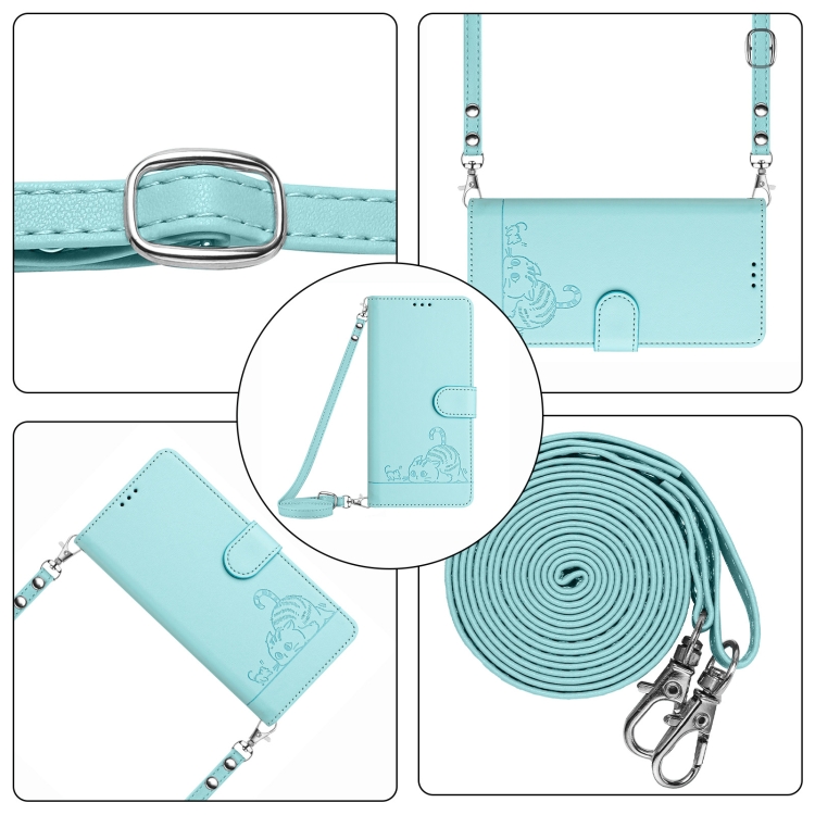 For iPhone 14/13 Cat Rat Embossed Pattern RFID Leather Phone Case with Lanyard(Mint Green) For iPhone 14/13 Cat Rat Embossed Pattern RFID Leather Phone Case with Lanyard(Mint Green)