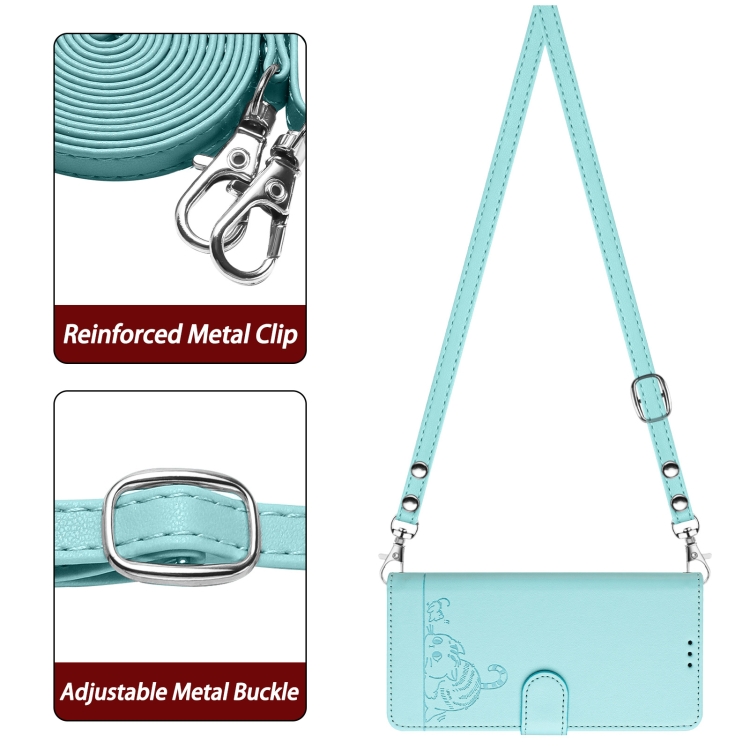 For iPhone 14/13 Cat Rat Embossed Pattern RFID Leather Phone Case with Lanyard(Mint Green) For iPhone 14/13 Cat Rat Embossed Pattern RFID Leather Phone Case with Lanyard(Mint Green)