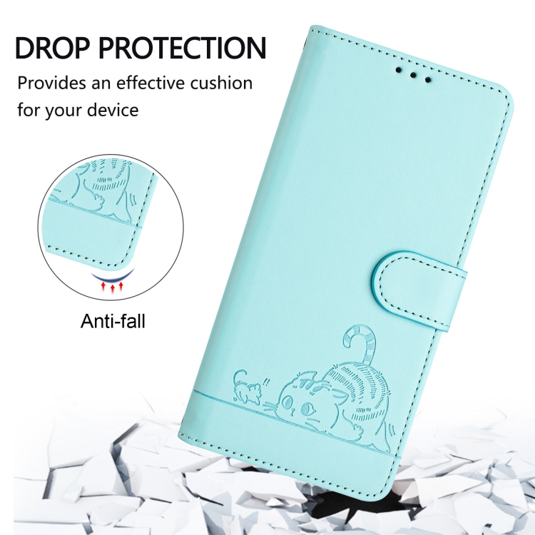 For iPhone 14/13 Cat Rat Embossed Pattern RFID Leather Phone Case with Lanyard(Mint Green) For iPhone 14/13 Cat Rat Embossed Pattern RFID Leather Phone Case with Lanyard(Mint Green)