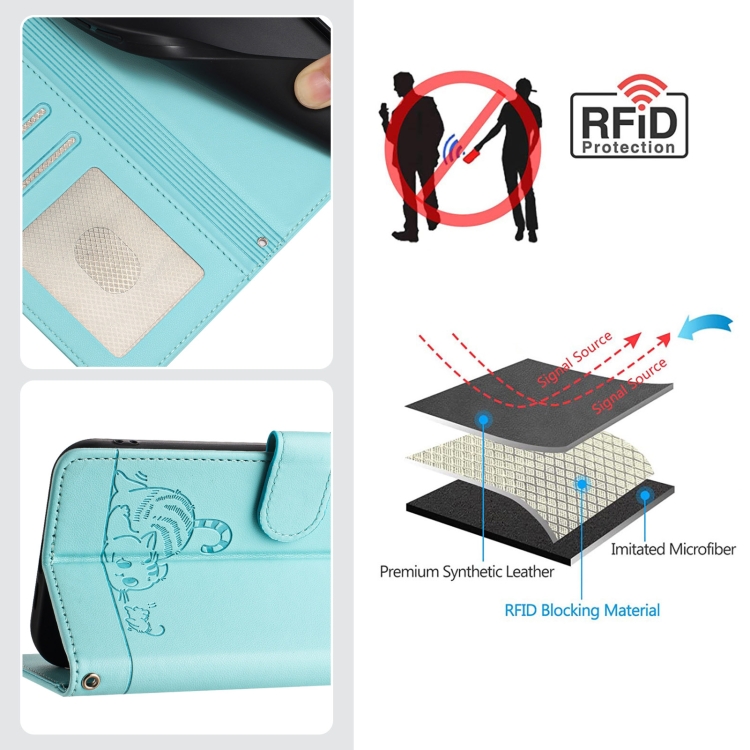 For iPhone 14/13 Cat Rat Embossed Pattern RFID Leather Phone Case with Lanyard(Mint Green) For iPhone 14/13 Cat Rat Embossed Pattern RFID Leather Phone Case with Lanyard(Mint Green)