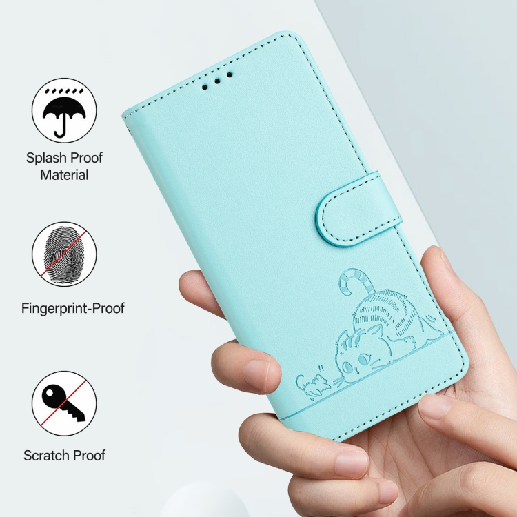 For iPhone 14/13 Cat Rat Embossed Pattern RFID Leather Phone Case with Lanyard(Mint Green) For iPhone 14/13 Cat Rat Embossed Pattern RFID Leather Phone Case with Lanyard(Mint Green)