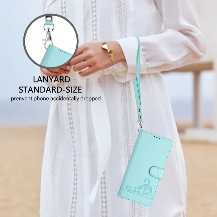 For iPhone 14/13 Cat Rat Embossed Pattern RFID Leather Phone Case with Lanyard(Mint Green) For iPhone 14/13 Cat Rat Embossed Pattern RFID Leather Phone Case with Lanyard(Mint Green)