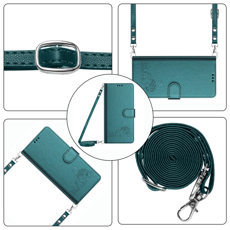For iPhone 13 mini Cat Rat Embossed Pattern RFID Leather Phone Case with Lanyard(Peacock Green) For iPhone 13 mini Cat Rat Embossed Pattern RFID Leather Phone Case with Lanyard(Peacock Green)