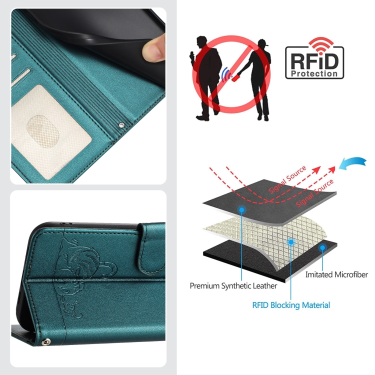 For iPhone 13 mini Cat Rat Embossed Pattern RFID Leather Phone Case with Lanyard(Peacock Green) For iPhone 13 mini Cat Rat Embossed Pattern RFID Leather Phone Case with Lanyard(Peacock Green)