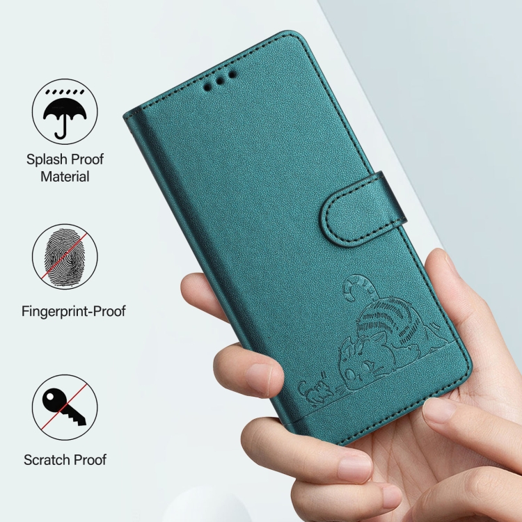For iPhone 13 mini Cat Rat Embossed Pattern RFID Leather Phone Case with Lanyard(Peacock Green) For iPhone 13 mini Cat Rat Embossed Pattern RFID Leather Phone Case with Lanyard(Peacock Green)