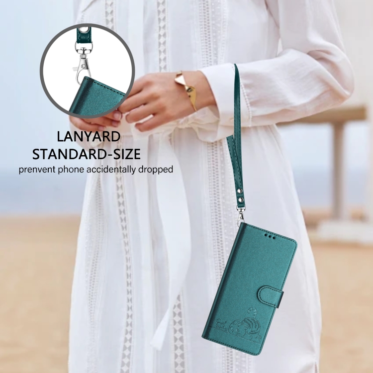 For iPhone 13 mini Cat Rat Embossed Pattern RFID Leather Phone Case with Lanyard(Peacock Green) For iPhone 13 mini Cat Rat Embossed Pattern RFID Leather Phone Case with Lanyard(Peacock Green)