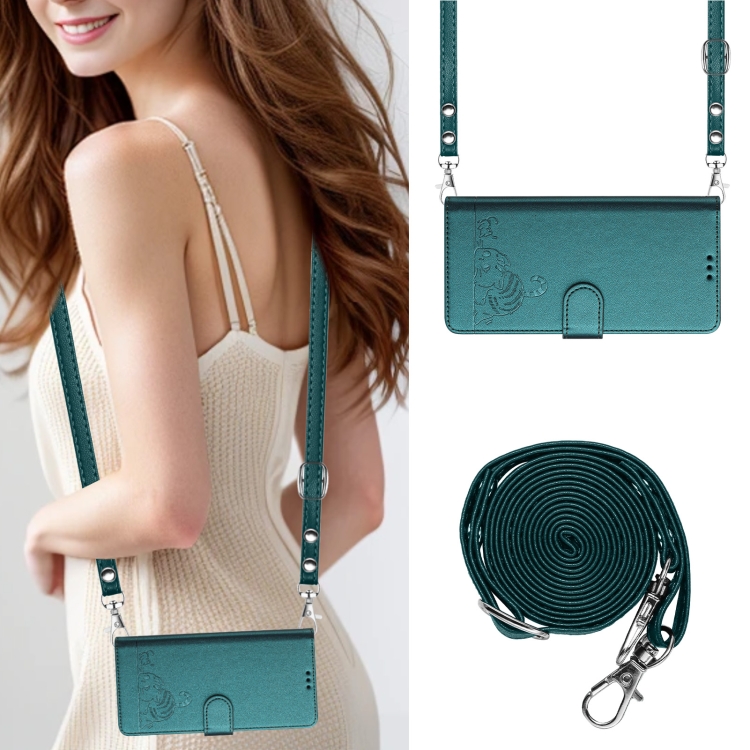 For iPhone 13 mini Cat Rat Embossed Pattern RFID Leather Phone Case with Lanyard(Peacock Green) For iPhone 13 mini Cat Rat Embossed Pattern RFID Leather Phone Case with Lanyard(Peacock Green)