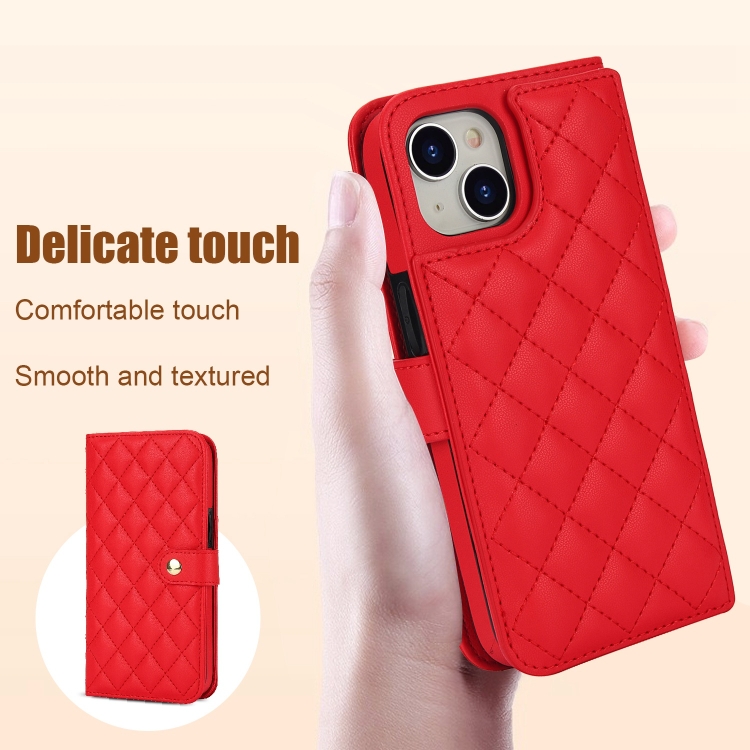 For iPhone 15 Plus Crossbody Multifunction Rhombic Leather Phone Case(Red) For iPhone 15 Plus Crossbody Multifunction Rhombic Leather Phone Case(Red)