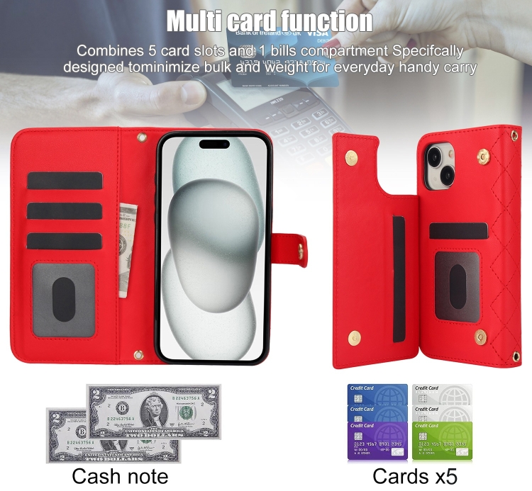 For iPhone 15 Plus Crossbody Multifunction Rhombic Leather Phone Case(Red) For iPhone 15 Plus Crossbody Multifunction Rhombic Leather Phone Case(Red)