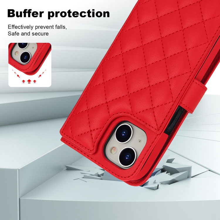For iPhone 15 Plus Crossbody Multifunction Rhombic Leather Phone Case(Red) For iPhone 15 Plus Crossbody Multifunction Rhombic Leather Phone Case(Red)