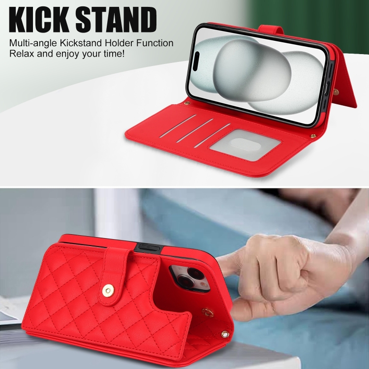 For iPhone 15 Plus Crossbody Multifunction Rhombic Leather Phone Case(Red) For iPhone 15 Plus Crossbody Multifunction Rhombic Leather Phone Case(Red)