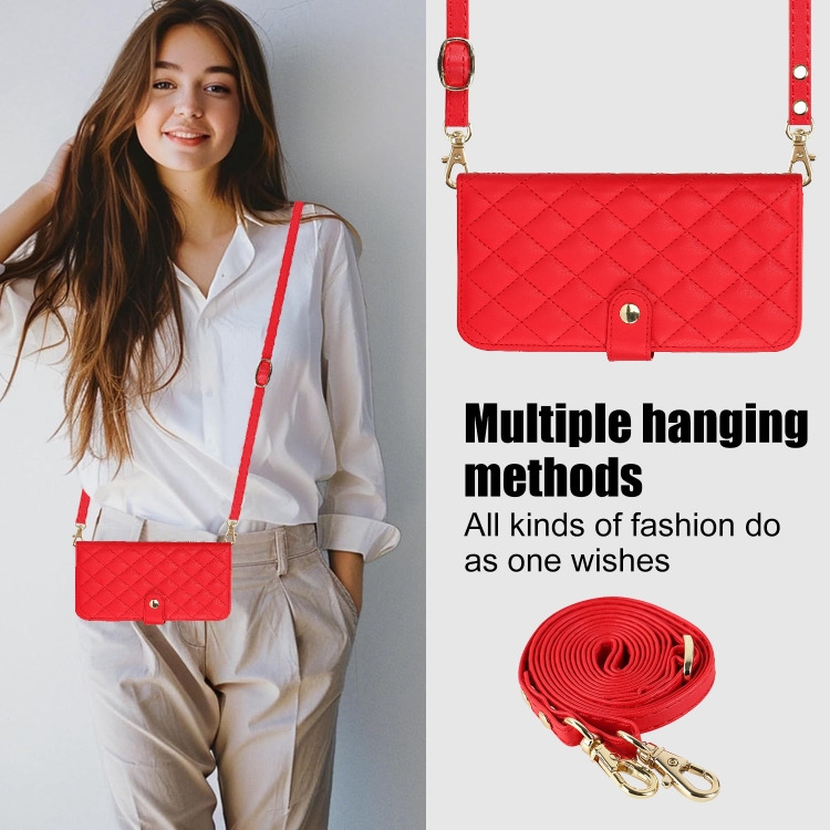 For iPhone 15 Plus Crossbody Multifunction Rhombic Leather Phone Case(Red) For iPhone 15 Plus Crossbody Multifunction Rhombic Leather Phone Case(Red)