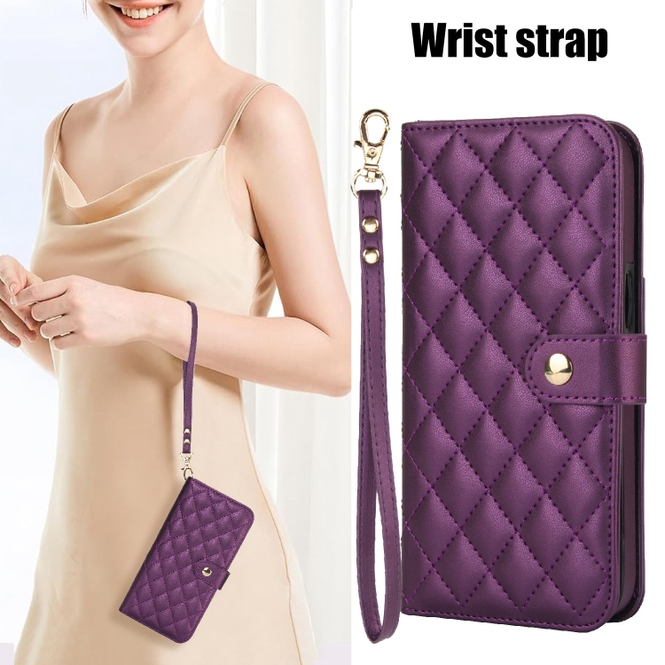 For iPhone 14 / 13 Crossbody Multifunction Rhombic Leather Phone Case(Dark Purple) - 1