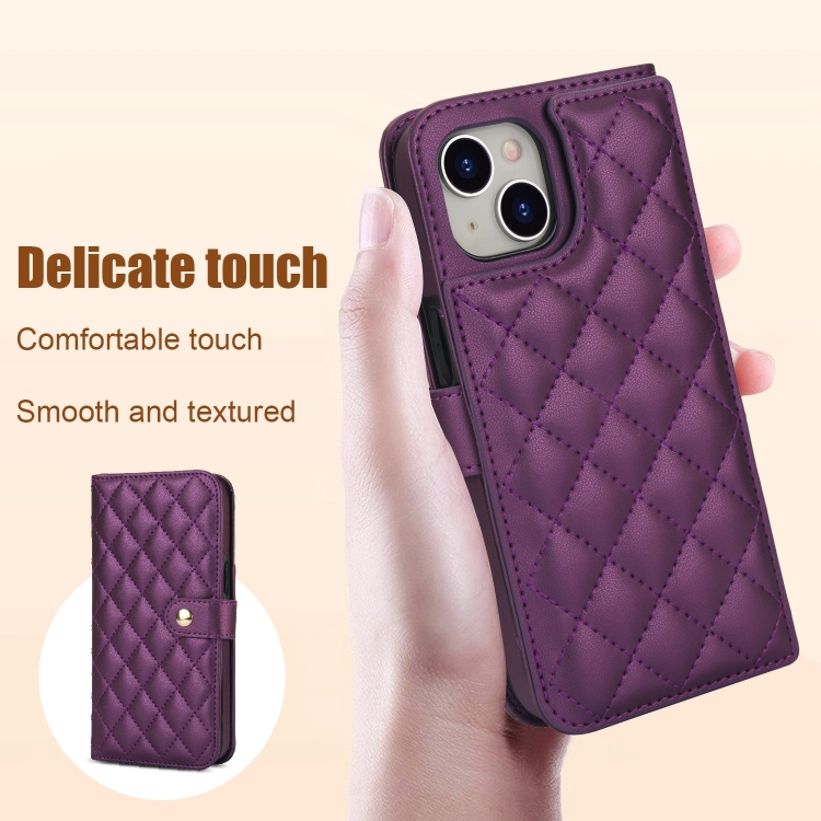 For iPhone 14 / 13 Crossbody Multifunction Rhombic Leather Phone Case(Dark Purple) - 2