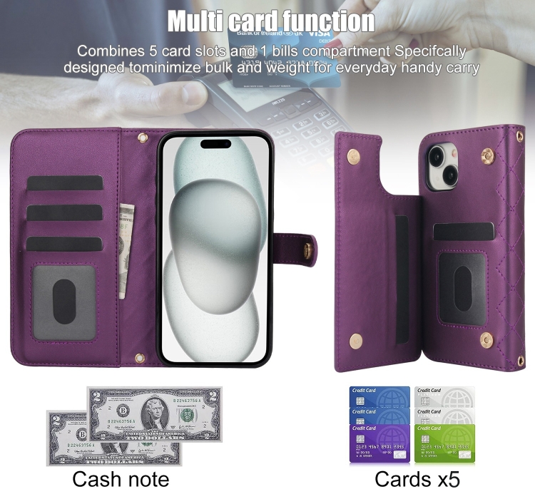 For iPhone 14 / 13 Crossbody Multifunction Rhombic Leather Phone Case(Dark Purple) - 3
