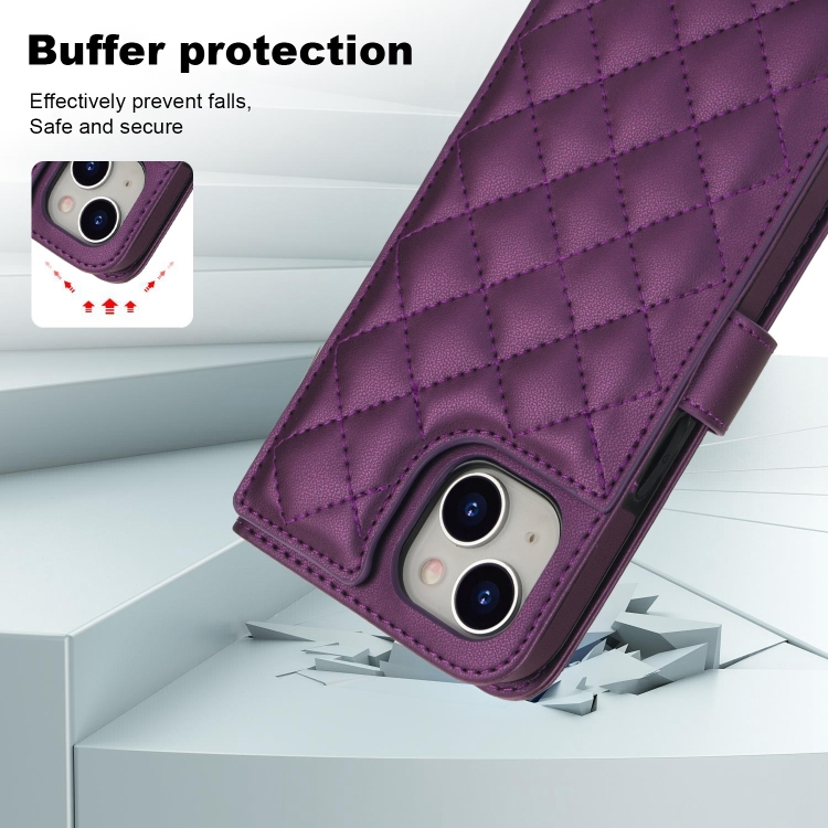 For iPhone 14 / 13 Crossbody Multifunction Rhombic Leather Phone Case(Dark Purple) - 4